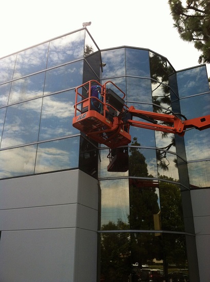 High in the sky washing windows at this commercial building in Orange County